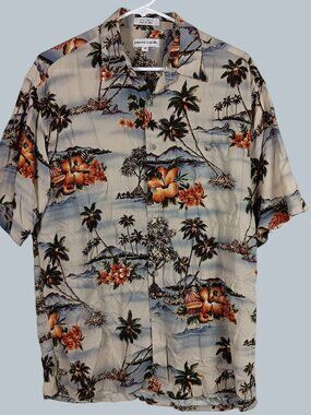 Pierre Cardin Vintage Tropical Hawaiian Shirt M Beige Aloha Old Money Vacation